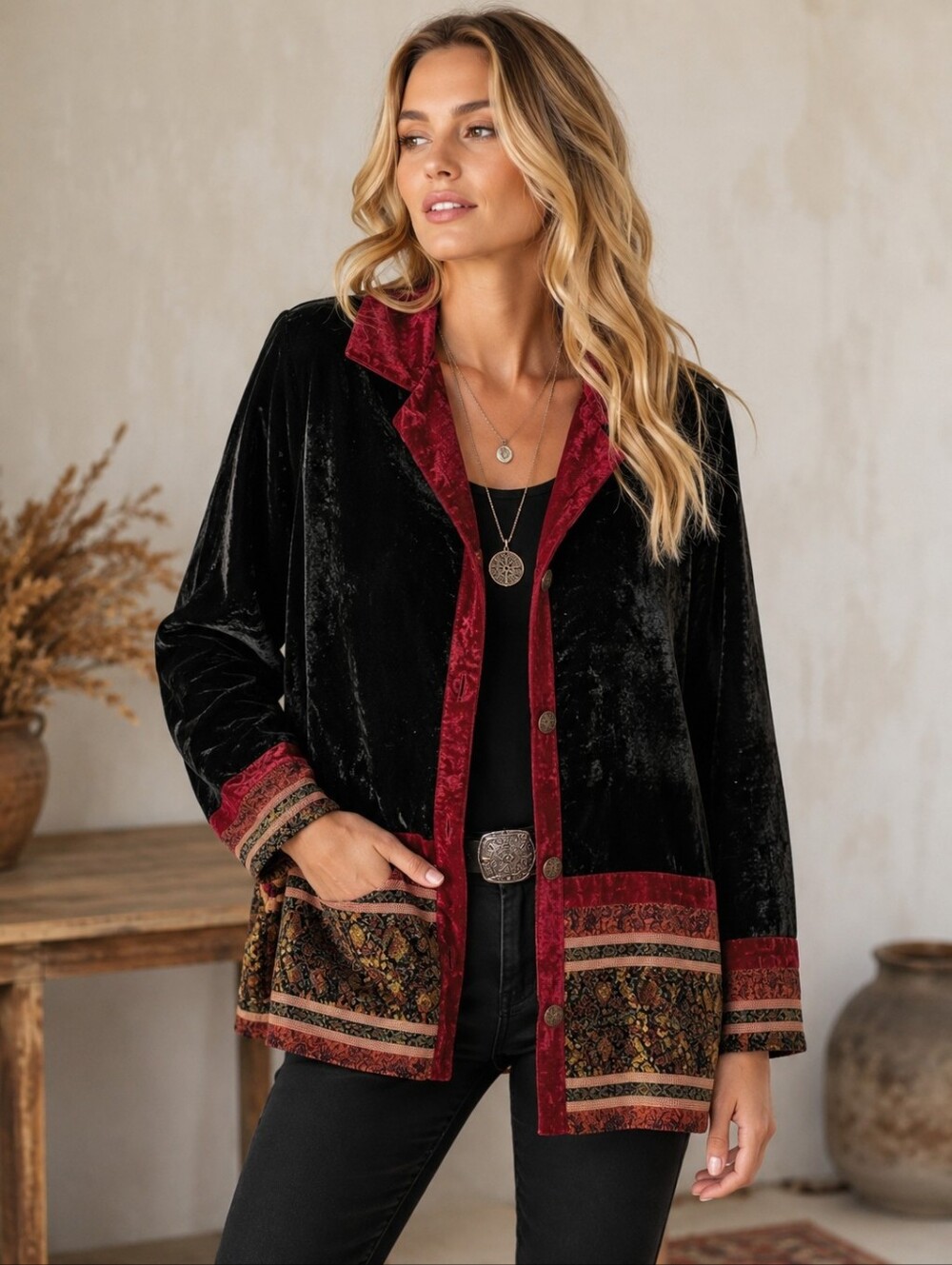 VINTAGE Coldwater Creek Jacket Women's Medium Black Velvet Patchwork Boho Gothic - Picture 1 of 7